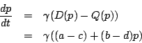 \begin{eqnarray*}
\frac{dp}{dt}&=&\gamma (D(p)-Q(p)) \\
&=& \gamma ((a-c) + (b-d)p)
\end{eqnarray*}