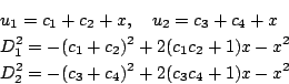 \begin{eqnarray*}
&&u_1=c_1+c_2+x,\quad u_2=c_3+c_4+x \\
&&D_1^2=-(c_1+c_2)^2+2(c_1c_2+1)x-x^2\\
&&D_2^2=-(c_3+c_4)^2+2(c_3c_4+1)x-x^2
\end{eqnarray*}