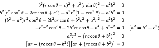 \begin{eqnarray*}
b^2(r\cos\theta -c)^2 +a^2(r\sin\theta)^2 -a^2b^2 &=& 0 \\
b^...
...r-(rc\cos\theta +b^2)\big]\big[ar+(rc\cos\theta +b^2)\big] &=& 0
\end{eqnarray*}