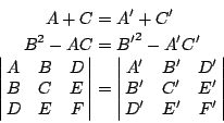 \begin{eqnarray*}
A+C &=& A'+C' \\
B^2-AC &=& {B'}^2-A'C' \\
\left\vert \matri...
... & B' & D' \cr
B' & C' & E' \cr
D' & E' & F' \cr
} \right\vert
\end{eqnarray*}