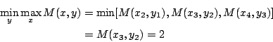\begin{eqnarray*}
\min_y\max_xM(x,y) &=& \min[M(x_2,y_1),M(x_3,y_2),M(x_4,y_3)] \\
&=& M(x_3,y_2) = 2
\end{eqnarray*}