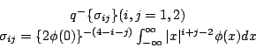 begin{eqnarray*}&10;& q^-{sigma_{ij}}(i,j=1,2) & &10;& sigma_{ij}&10;= {2phi(0...&10;...{-(4-i-j)}int_{-infty}^{infty}vert xvert^{i+j-2}phi(x)dx &&10;end{eqnarray*}