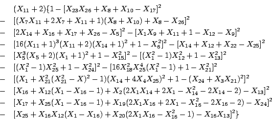 \begin{eqnarray*}
& &(X_{11}+2)\{1 -[X_{23}X_{26}+X_8+X_{10}-X_{17}]^2 \\
&-&[(...
...12}(X_1-X_{16})+X_{20}(2X_1X_{16}-X_{16}^2-1)-X_{16}X_{13}]^2 \}
\end{eqnarray*}