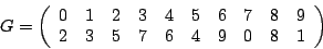 \begin{displaymath}G=\left (
\begin{array}{cccccccccc}
0&1&2&3&4&5&6&7&8&9 \\
2&3&5&7&6&4&9&0&8&1 \\
\end{array}\right )\end{displaymath}