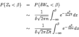 \begin{eqnarray*}
P\{Z_t<\beta\}&=&P\{\delta W_n<\beta\}\\
&\sim&\frac{1}{\delt...
...ta\sqrt{2\pi Dt}}\int^{\beta}_{-\infty}e^{-\frac{x^2}{2Dt}}dx\\
\end{eqnarray*}