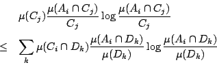/begin{eqnarray*}                &&/mu(C_j)/frac{/mu(A_i /cap C_j)}{C_j}                /log{/frac{/mu(A_i /ca...                ..._i /cap D_k)}{/mu(D_k)}                /log{/frac{/mu(A_i /cap D_k)}{/mu(D_k)}}                /end{eqnarray*}