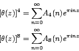 \begin{eqnarray*}
& &[\theta(z)]^{4}={\sum_{n=0}^{\infty}}A_{4}(n)e^{\pi inz}\\
& &[\theta(z)]^{8}={\sum_{n=0}^{\infty}}A_{8}(n)e^{\pi inz}
\end{eqnarray*}