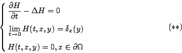 \begin{displaymath}
\left\{
\begin{eqalign}
& \frac{\partial H}{\partial t}-\De...
...t,x,y)=0, x\in \partial\Omega
\end{eqalign}\right.
\eqno{(**)}
\end{displaymath}