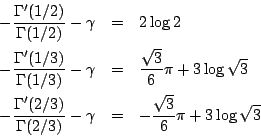 \begin{eqnarray*}
-\frac{\Gamma'(1/2)}{\Gamma(1/2)}-\gamma &=&2\log2\\
-\frac{\...
.../3)}{\Gamma(2/3)}-\gamma &=&-\frac{\sqrt{3}}{6}\pi+3\log\sqrt{3}
\end{eqnarray*}