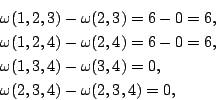 \begin{eqnarray*}
&& \omega(1,2,3) - \omega(2,3)=6-0=6,\\
&& \omega(1,2,4) - \o...
...a(1,3,4) - \omega(3,4)=0,\\
&& \omega(2,3,4) - \omega(2,3,4)=0,
\end{eqnarray*}