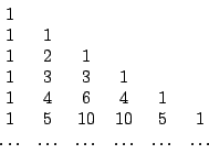 begin{displaymath}begin{array}{cccccc}&10;1 & & & & & &10;1 & 1 & & & & &10;1 & 2...&10;... 1 &10;dots&ldots&ldots&ldots&ldots&ldots &10;end{array}end{displaymath}
