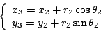 \begin{displaymath}
\left\{
\begin{array}{l}
x_3=x_2+r_2\cos\theta_2\\
y_3=y_2+r_2\sin\theta_2
\end{array}\right.
\end{displaymath}