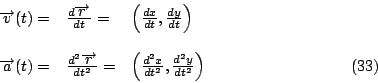 \begin{displaymath}
\begin{array}[b]{lll}
\overrightarrow{v}(t) = & \frac{d\over...
...2x}{dt^2} , \frac{d^2y}{dt^2} \right )
\end{array} \eqno{(33)}
\end{displaymath}