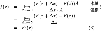 \begin{eqnarray*}
f(x) & = & \lim_{\Delta x \rightarrow 0} \frac{(F(x+ \Delta x)...
...
& = & F'(x) \qquad\qquad\qquad\qquad\qquad\qquad
\eqno{(3)}
\end{eqnarray*}
