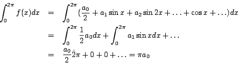 \begin{eqnarray*}
\int_0^{2\pi} f(x)dx&=&\int_0^{2\pi} (\frac{a_0}{2} +a_1\sin x...
...a_1\sin xdx+\dots\\
&=&\frac{a_0}{2}\dot 2\pi+0+0+\dots=\pi a_0
\end{eqnarray*}
