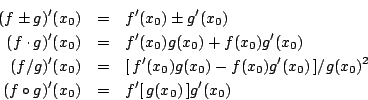 \begin{eqnarray*}
(f\pm g)'(x_0) &=& f'(x_0)\pm g'(x_0) \\
(f\cdot g)'(x_0) &=&...
...] / g(x_0)^2 \\
(f\circ g)'(x_0) &=& f'[   g(x_0)   ] g'(x_0)
\end{eqnarray*}