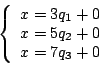 \begin{displaymath}
\left \{
\begin{array}{l}
x=3q_1+0\\
x=5q_2+0\\
x=7q_3+0
\end{array}\right.
\end{displaymath}