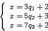\begin{displaymath}
\left \{
\begin{array}{c}
x=3q_1+ 2\\
x=5q_2+ 3\\
x=7q_3+ 2\\
\end{array}\right.
\end{displaymath}