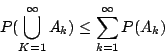 \begin{displaymath}
P(\bigcup_{K=1}^{\infty}A_k)\leq \sum_{k=1}^{\infty} P(A_k)
\end{displaymath}