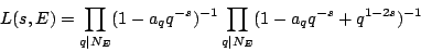 \begin{displaymath}
L(s,E) = \prod_{q\vert N_E} (1-a_q q^{-s})^{-1}
\prod_{q\vert N_E}(1-a_q q^{-s}+q^{1-2s})^{-1}
\end{displaymath}