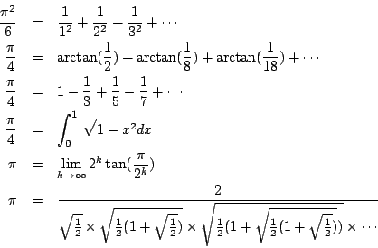 \begin{eqnarray*}
\frac{\pi^2}{6}&=&\frac{1}{1^2}+\frac{1}{2^2}+\frac{1}{3^2}+\c...
...{1}{2}(1+\sqrt{\frac{1}{2}(1+\sqrt{\frac{1}{2}})})}\times\cdots}
\end{eqnarray*}