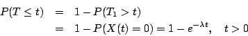 \begin{eqnarray*}
P(T \leq t) &=& 1-P(T_1>t) \\
&=& 1-P(X(t)=0) = 1 - e^{-\lambda t} , \quad t>0
\end{eqnarray*}